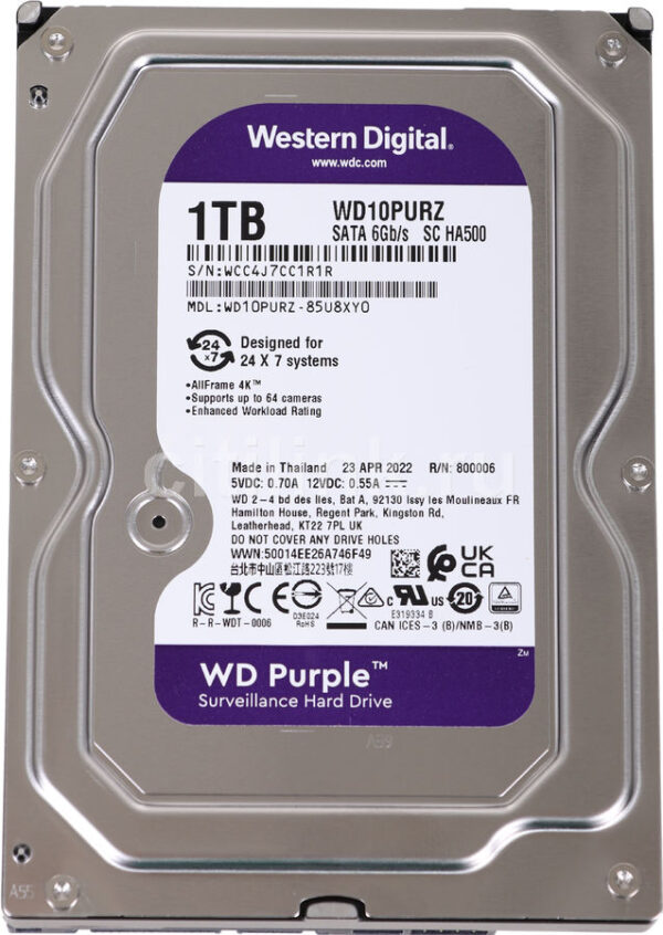 Жесткий диск WD Purple WD10PURZ, 1ТБ, HDD, SATA III, 3.5"